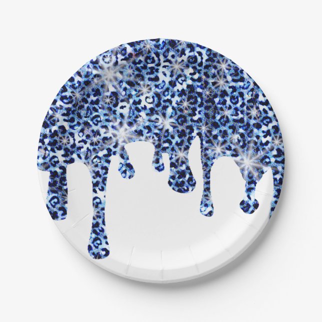 Dripping Blue Cheetah Sparkles Paper Plate (Front)