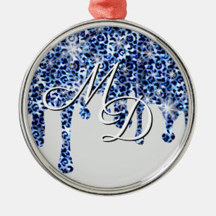 Dripping Blue Cheetah Sparkles with Monogram Metal Ornament