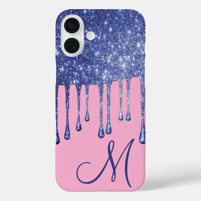 Dripping Blue Glitter Monogram Phone Case (Back)