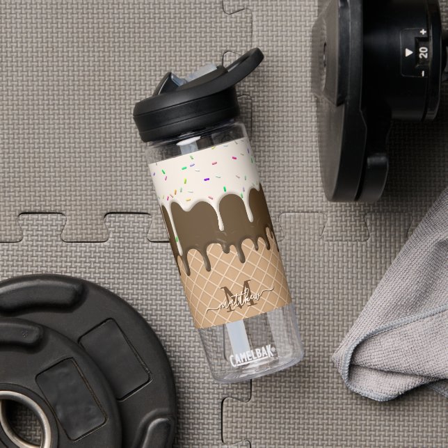 Dripping Chocolate Ice Cream Waffle Cone Monogram  Water Bottle (Gym)