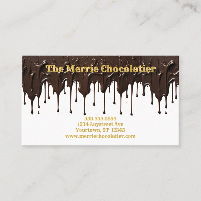 Dripping Chocolate on White Background Candy Shop Business Card (Front)