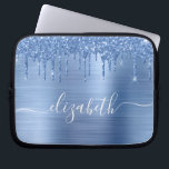 Dripping Glitter Blue Personalized Laptop Sleeve<br><div class="desc">Personalized chic and girly laptop sleeve featuring blue faux glitter dripping down a blue faux metallic foil background. Monogram with your name in a stylish trendy white script with swashes.</div>