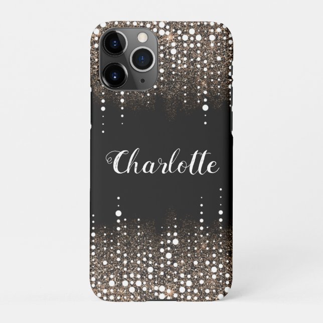 Dripping Glitter Gold Rain Personalized Name Black iPhone Case (Back)