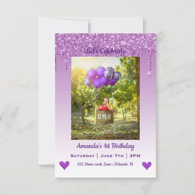 Dripping Glitter Hearts Birthday Invitation (Front)