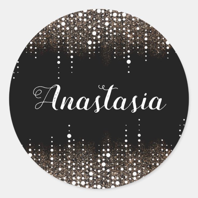 Dripping Glitter Rain Golden Sequins Sparkle Black Classic Round Sticker (Front)