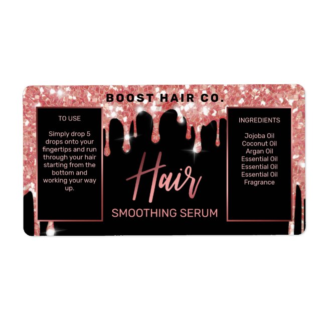 Dripping Glitter Rose Gold Black Hair Serum Labels (Front)
