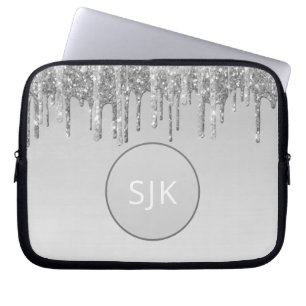 Dripping Glitter Silver Girly Monogrammed Laptop Sleeve