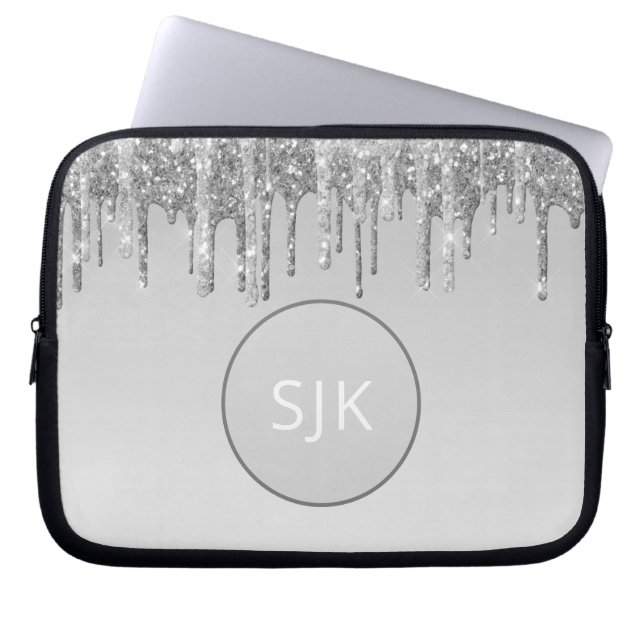 Dripping Glitter Silver Girly Monogrammed Laptop Sleeve (Front)