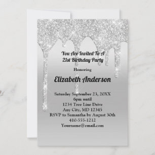 Dripping Glitter Silver Personalized 21st Birthday Invitation