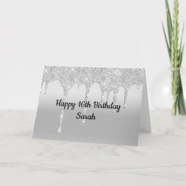 Dripping Glitter Silver Personalized Birthday Card (Front)