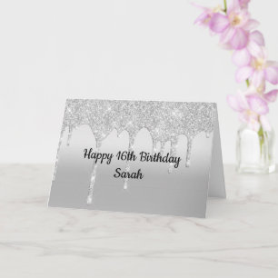 Dripping Glitter Silver Personalized Birthday Card