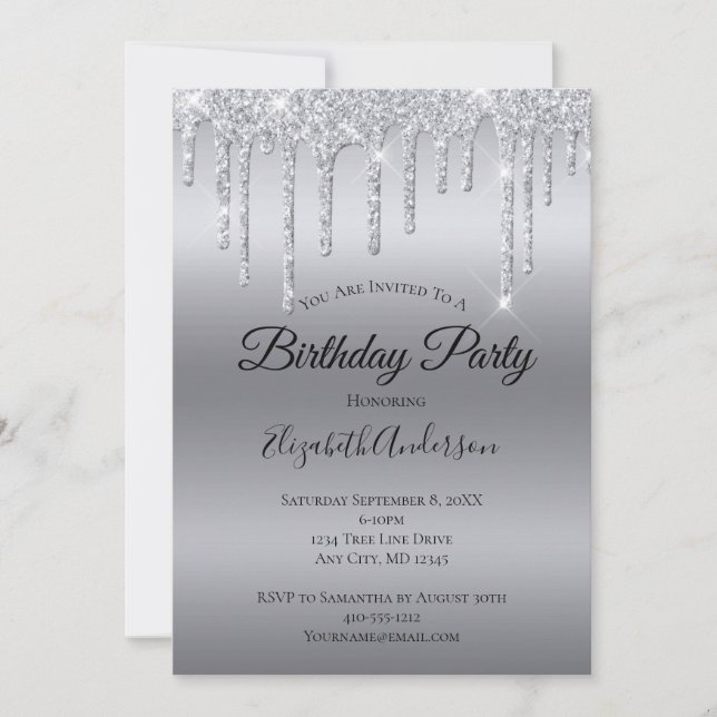 Dripping Glitter Silver Personalized Birthday  Invitation (Front)
