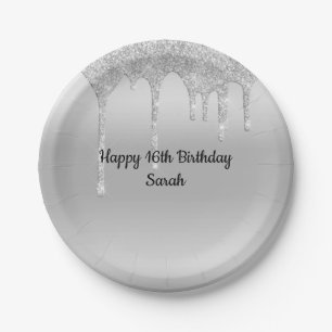 Dripping Glitter Silver Personalized Birthday  Paper Plate