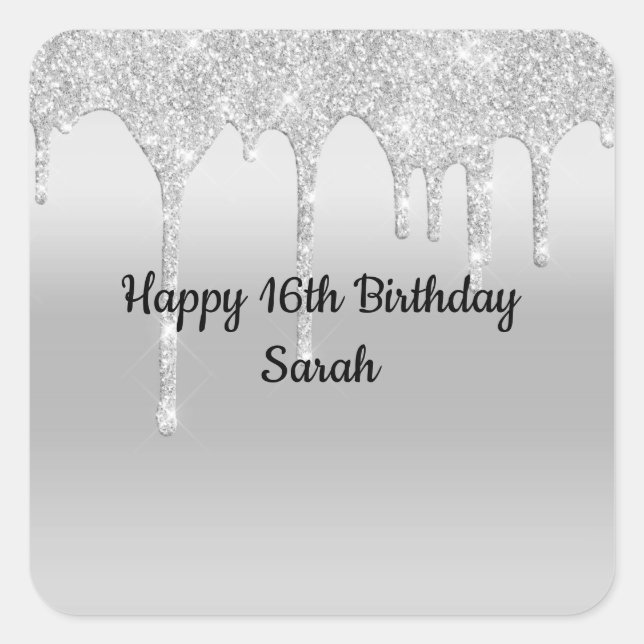 Dripping Glitter Silver Personalized Birthday  Square Sticker (Front)