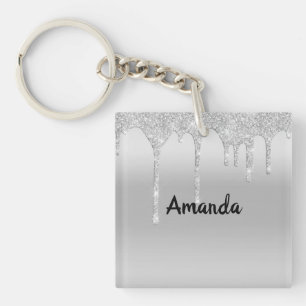 Dripping Glitter Silver Personalized Key Chain