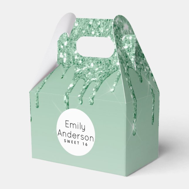 Dripping Glitter Sweet 16 Mint Green Party Trendy Favor Box (Front Side)