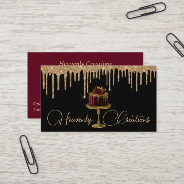 Dripping Gold and Fancy Cake Bakery  Business Card (Front/Back In Situ)