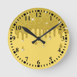 Dripping Gold Glitter Effect & Sparkles Round Clock
