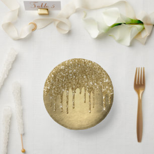Dripping Gold Glitter   Luxe Faux Metallic Sparkle Paper Plate