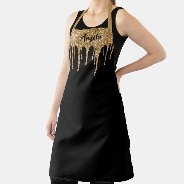 Dripping Gold Glitter Personalized Black L Apron (Insitu)