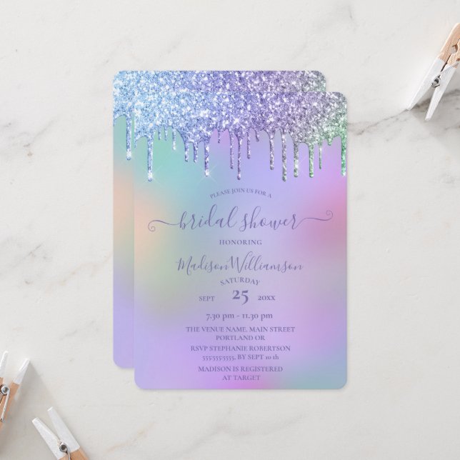 Dripping Gold Glitter & Rainbow Bridal Shower  Invitation (Front/Back In Situ)