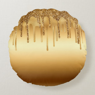Dripping Gold Paint Glitter Accents Sparkly Round Pillow
