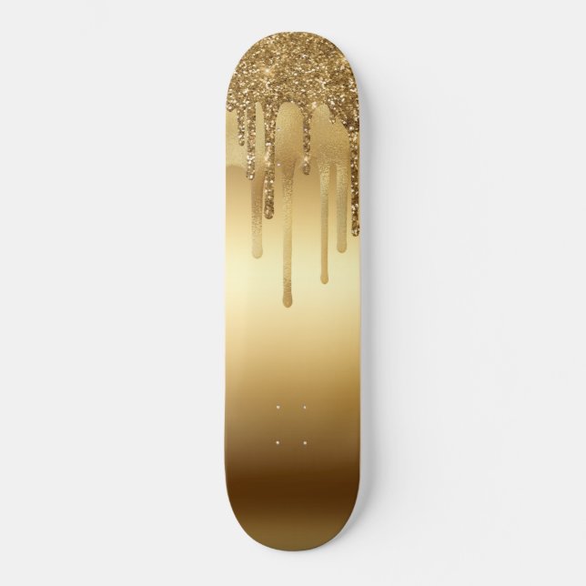 Dripping Gold Paint Glitter Accents Sparkly Skateboard (Front)