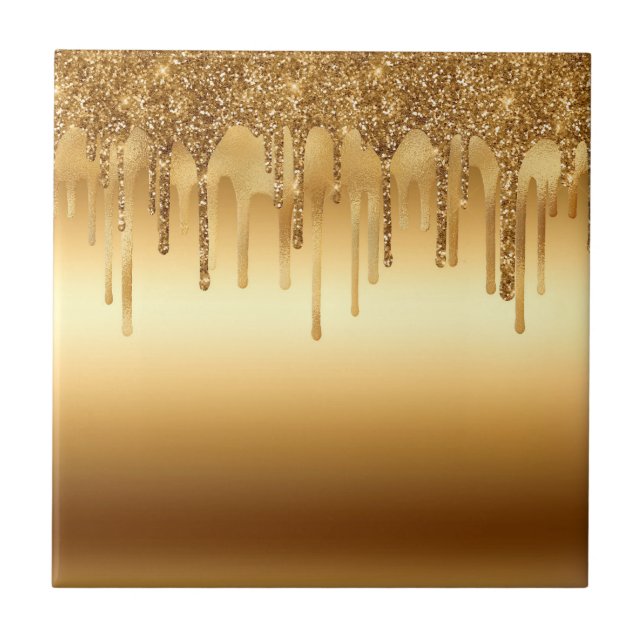 Dripping Gold Paint Glitter Accents Sparkly Tile (Front)