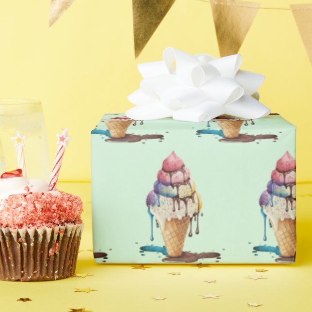 Dripping Ice Cream Cone on Green Wrapping Paper (Birthday Party)