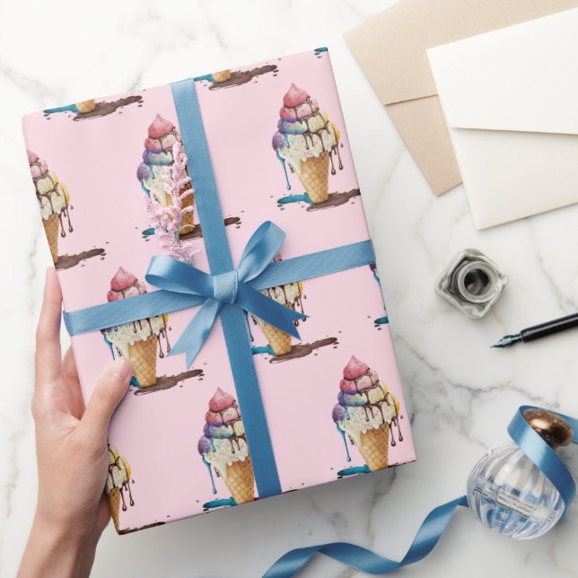 Dripping Ice Cream Cone on Pink Wrapping Paper (Gifting)