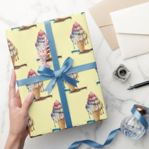 Dripping Ice Cream Cone on Yellow Wrapping Paper