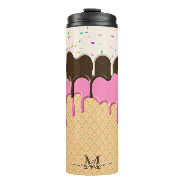 Dripping Ice Cream Sprinkles Waffle Cone Monogram  Thermal Tumbler (Front)