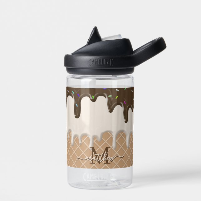 Dripping Ice Cream Sprinkles Waffle Cone Monogram  Water Bottle (Left)