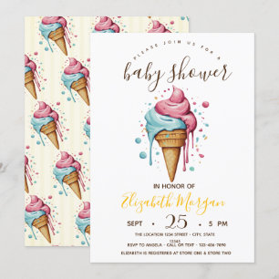 Dripping Ice creams,Yellow Stripes Baby Shower  Invitation