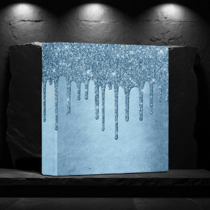 Dripping Ice Glitter   Blue Faux Sparkle Custom Binder
