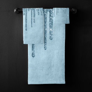 Dripping Ice Glitter   Blue Faux Sparkle Metallic Bath Towel Set