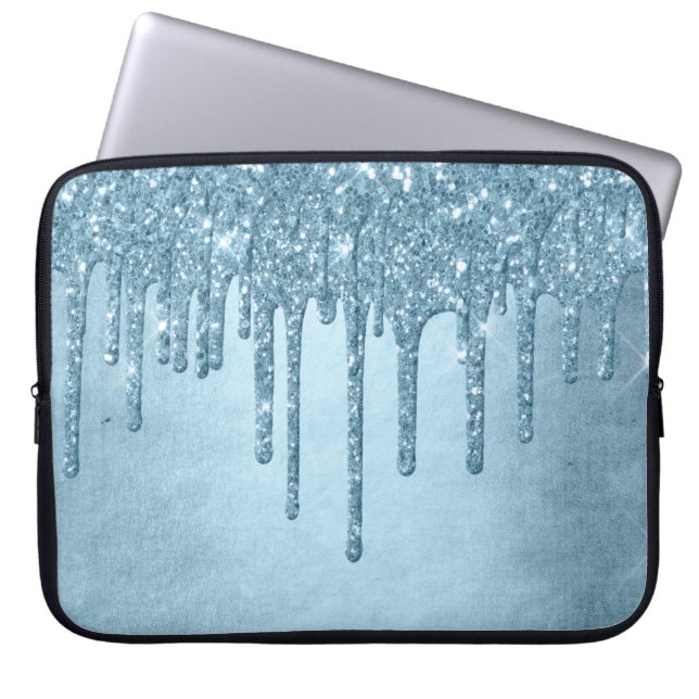 Dripping Ice Glitter | Blue Faux Sparkle Metallic Laptop Sleeve (Front)