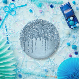 Dripping Ice Glitter Blue Faux Sparkle Metallic Paper Plate