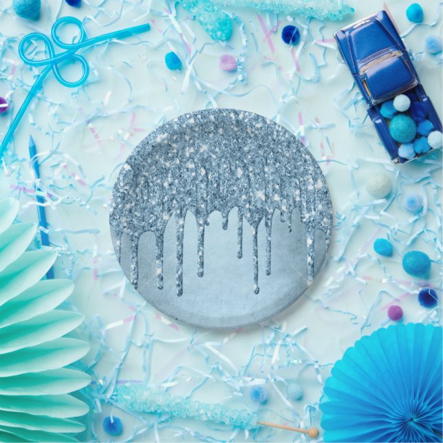 Dripping Ice Glitter | Blue Faux Sparkle Metallic Paper Plate (Party)
