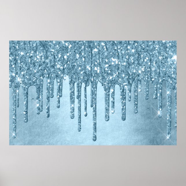 Dripping Ice Glitter | Blue Faux Sparkle Metallic Poster (Front)