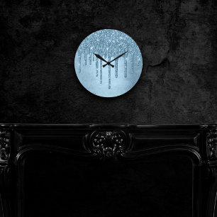 Dripping Ice Glitter   Blue Faux Sparkle Metallic Round Clock