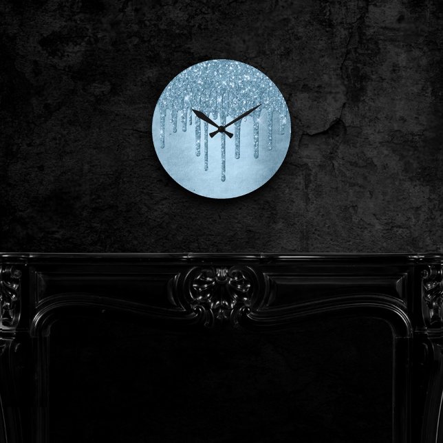 Dripping Ice Glitter | Blue Faux Sparkle Metallic Round Clock (Creator Uploaded)