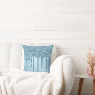 Dripping Ice Glitter   Blue Faux Sparkle Metallic Throw Pillow