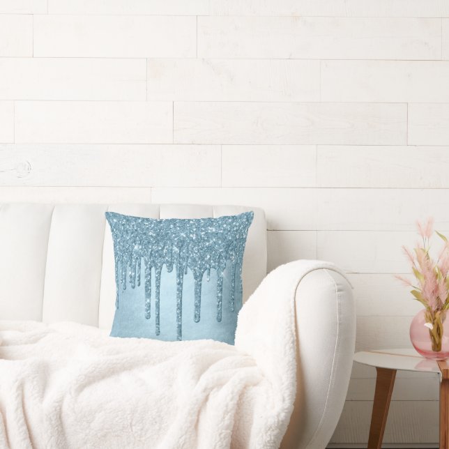 Dripping Ice Glitter | Blue Faux Sparkle Metallic Throw Pillow (Couch)