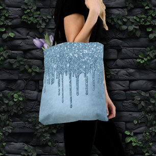 Dripping Ice Glitter   Blue Faux Sparkle Metallic Tote Bag