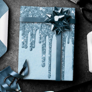 Dripping Ice Glitter   Blue Faux Sparkle Metallic Wrapping Paper