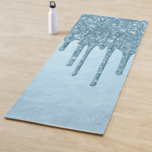 Dripping Ice Glitter   Blue Faux Sparkle Metallic Yoga Mat