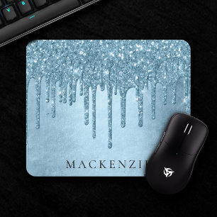 Dripping Ice Glitter   Blue Faux Sparkle Monogram Mouse Pad