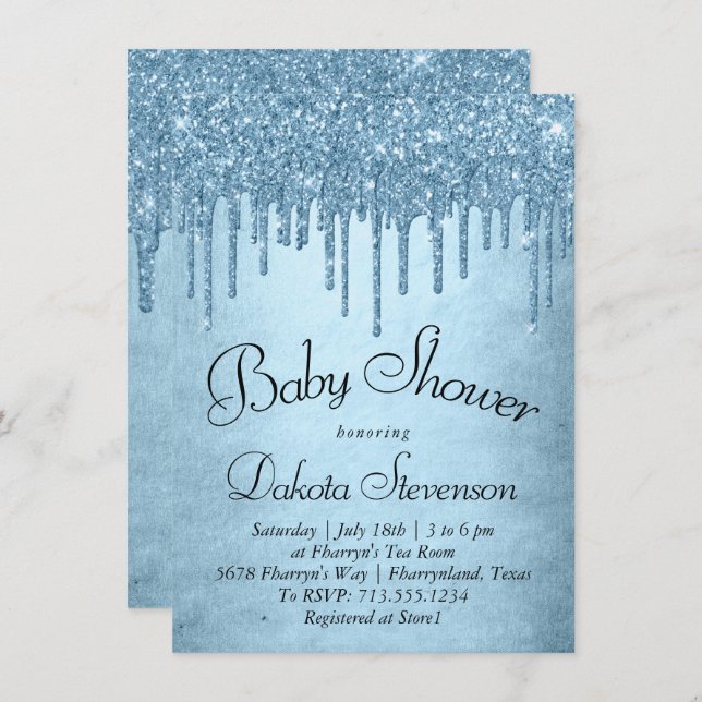 Dripping Ice Glitter | Blue Faux Sparkle Shower Invitation (Front/Back)