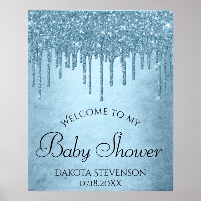 Dripping Ice Glitter | Blue Faux Sparkle Shower Poster (Front)